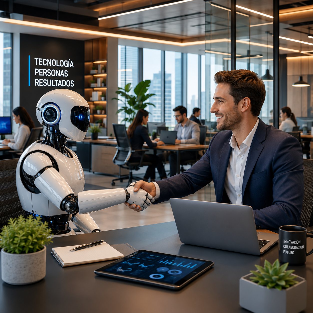 Robot humanoide y profesional dándose la mano en una oficina corporativa moderna